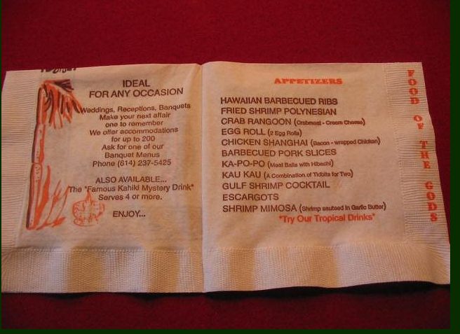 Paper napkin menu